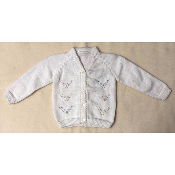 Vintage 90s Knit Cardigan Sweater Girls 3-6M White Pastel Floral Embroidered - Picture 1 of 7